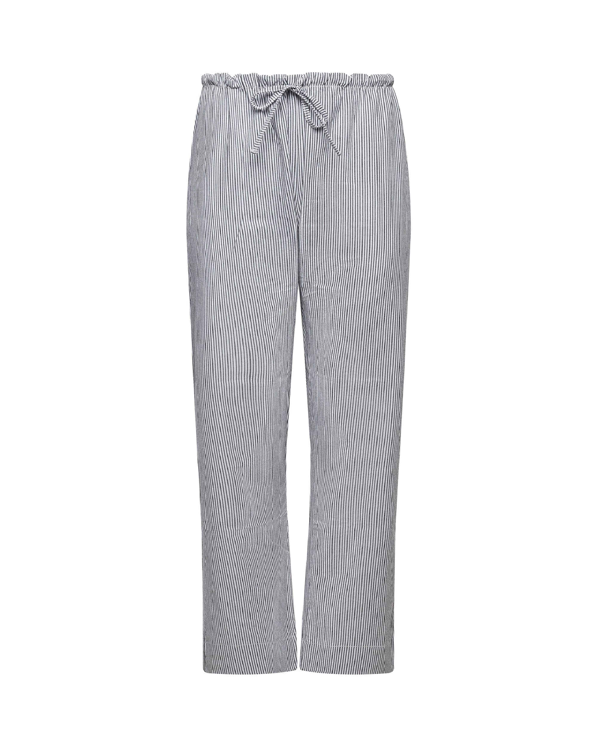 A pair of striped drawstring pants with a straight-leg design and a high waist.