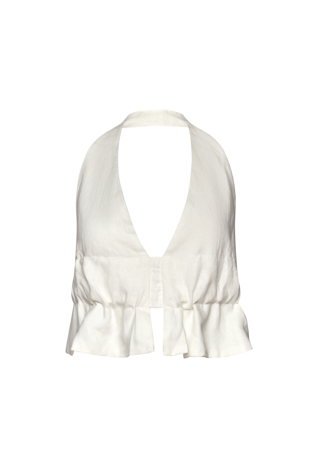 White halter top with ruffled details on a white background