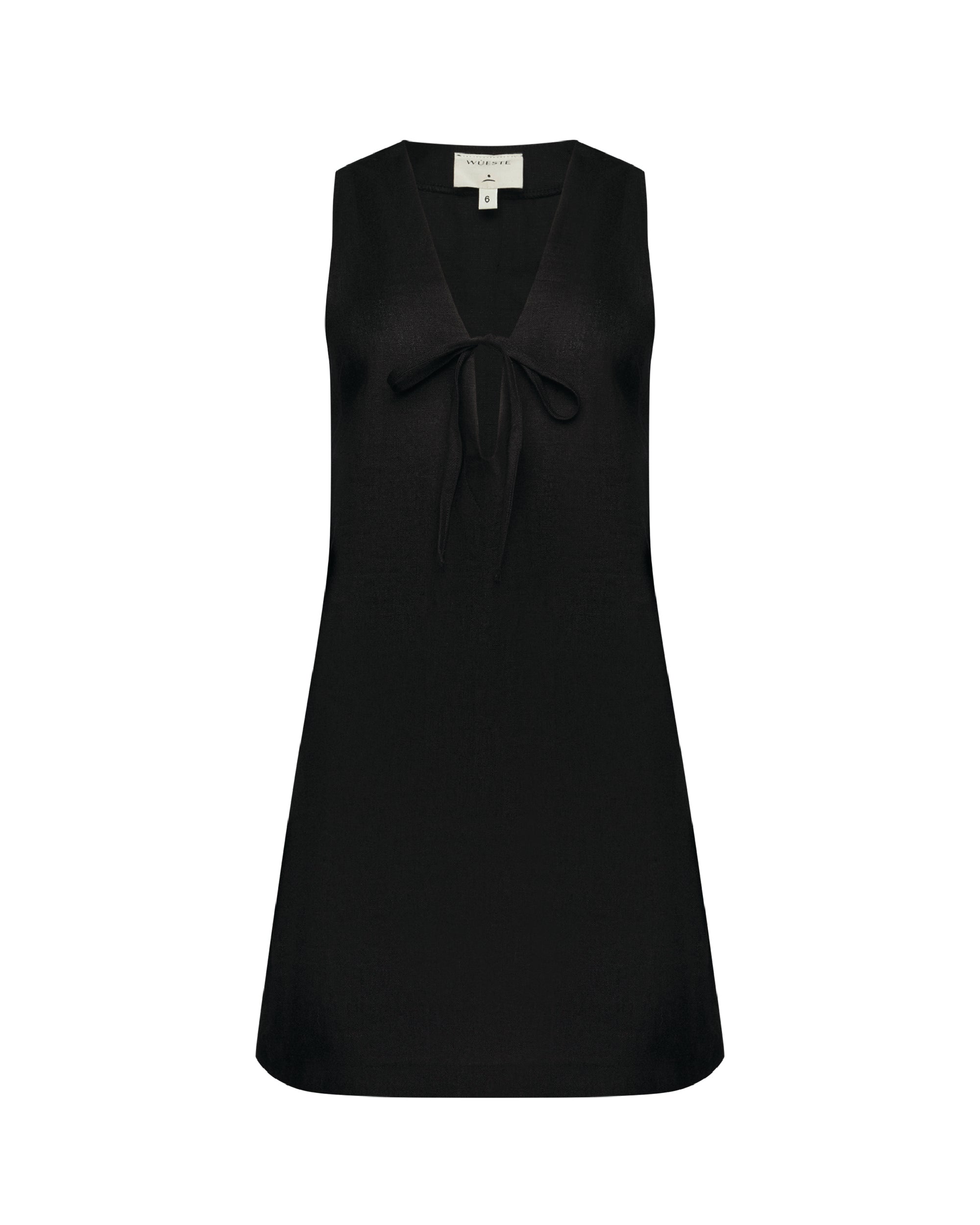A black tunic mini dress with a deep V-neckline, sleeveless design, and a tie at the chest. It features a shift silhouette and comes with pockets.