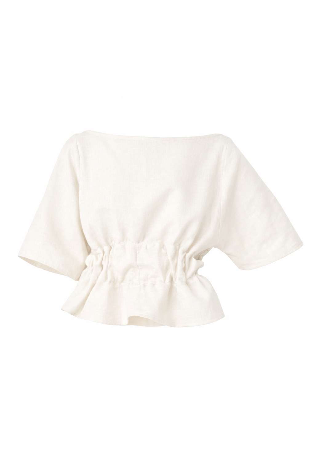White blouse with ruched details on a white background