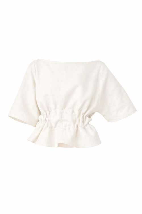 White blouse with ruched details on a white background