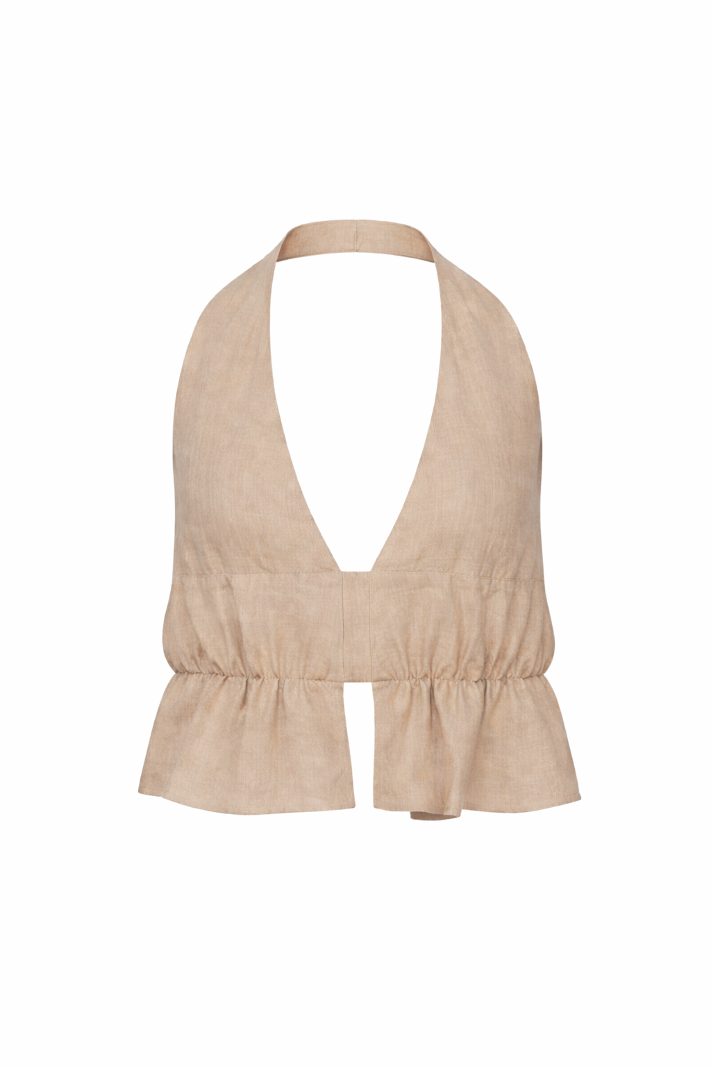 Beige halter top with ruffled details on a white background