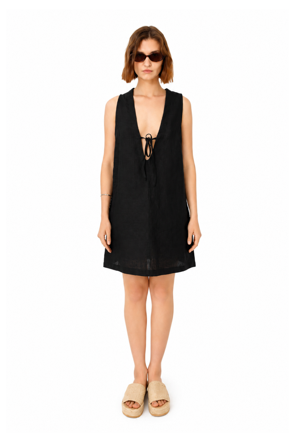 Maha Deep V Linen Mini Dress
