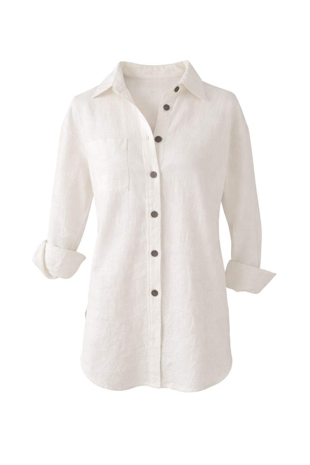 White shirt with rolled-up sleeves on a white background